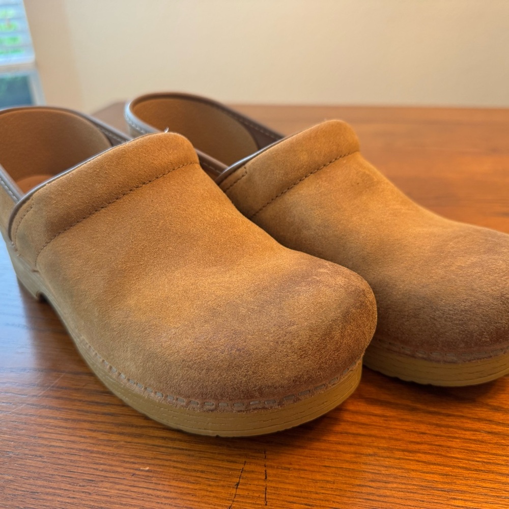 DANSKO Distressed Suede Slip-On Nursing Clogs in Tan
